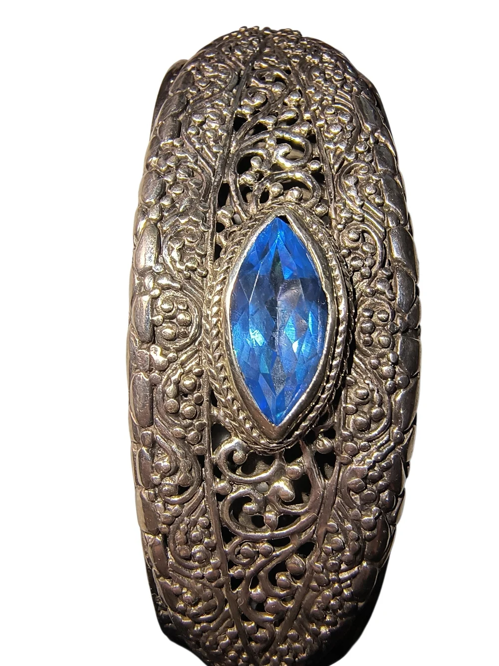 Sarda Bali Sterling Silver Filigree Cuff Bracelet with Blue Stone